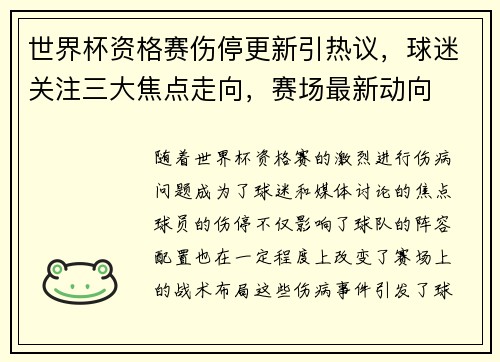 世界杯资格赛伤停更新引热议,球迷关注三大焦点走向,赛场最新动向 世界杯资格赛伤停更新引热议,球迷关注三大焦点走向,赛场最新动向