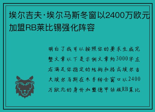 埃尔吉夫·埃尔马斯冬窗以2400万欧元加盟RB莱比锡强化阵容