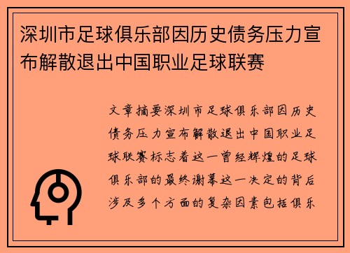 深圳市足球俱乐部因历史债务压力宣布解散退出中国职业足球联赛 深圳市足球俱乐部因历史债务压力宣布解散退出中国职业足球联赛